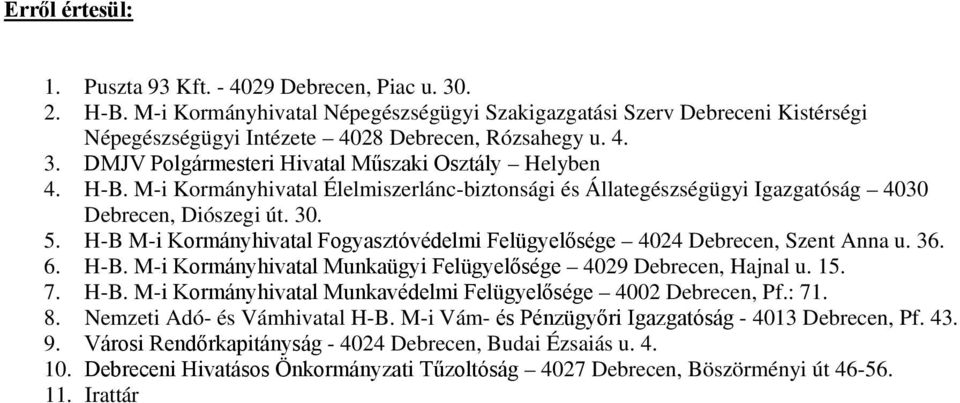 H-B M-i Kormányhivatal Fogyasztóvédelmi Felügyelősége 4024 Debrecen, Szent Anna u. 36. 6. H-B. M-i Kormányhivatal Munkaügyi Felügyelősége 4029 Debrecen, Hajnal u. 15. 7. H-B. M-i Kormányhivatal Munkavédelmi Felügyelősége 4002 Debrecen, Pf.