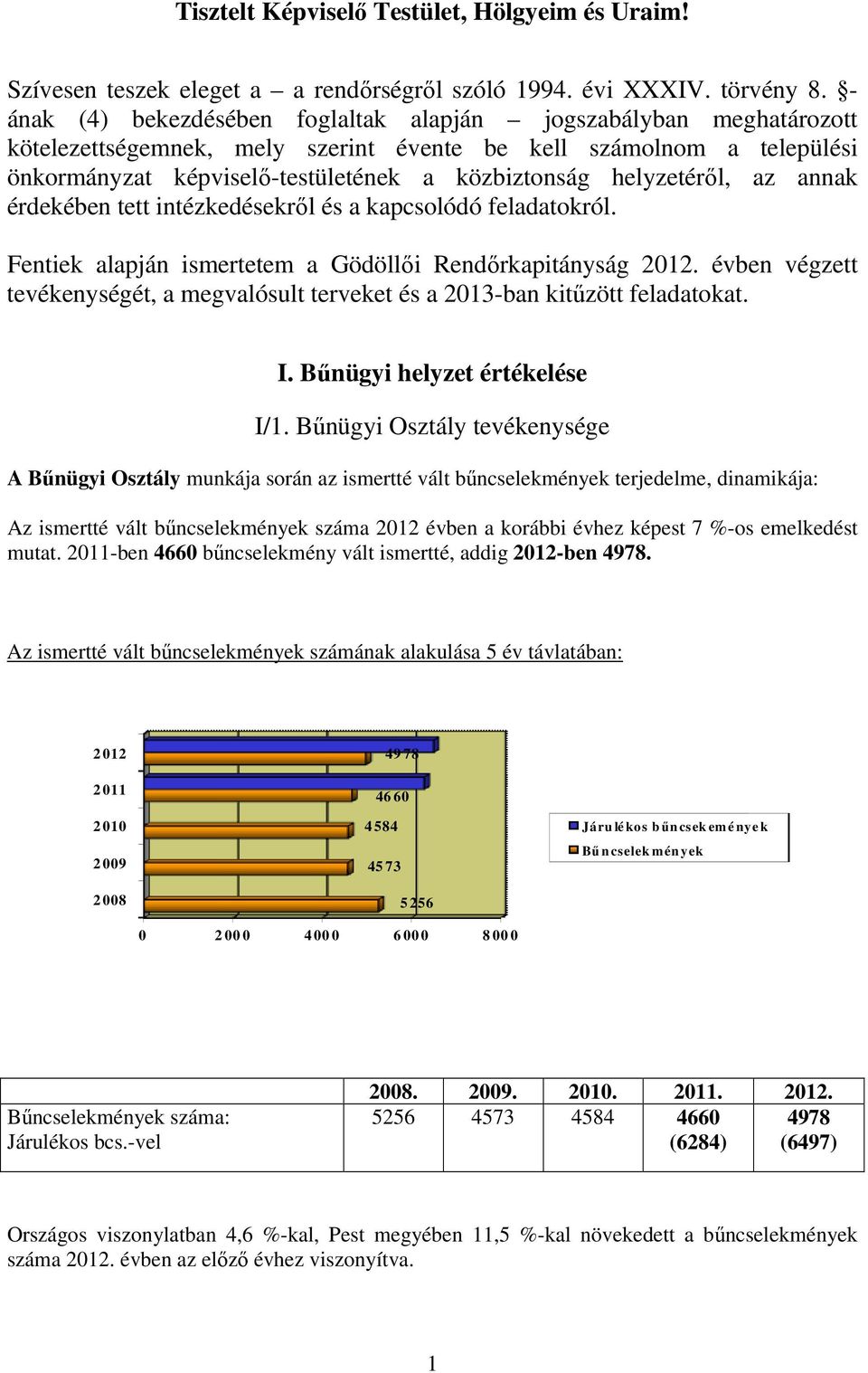 helyzetérıl, az annak érdekében tett intézkedésekrıl és a kapcsolódó feladatokról. Fentiek alapján ismertetem a Gödöllıi Rendırkapitányság 2012.