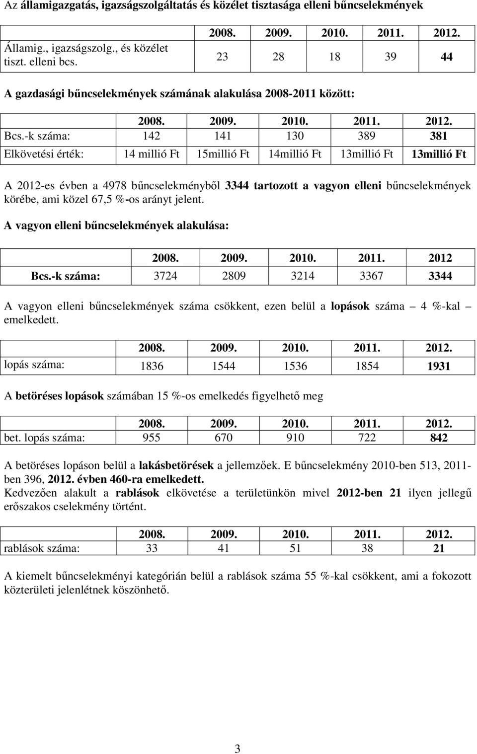 -k száma: 142 141 130 389 381 Elkövetési érték: 14 millió Ft 15millió Ft 14millió Ft 13millió Ft 13millió Ft A 2012-es évben a 4978 bőncselekménybıl 3344 tartozott a vagyon elleni bőncselekmények