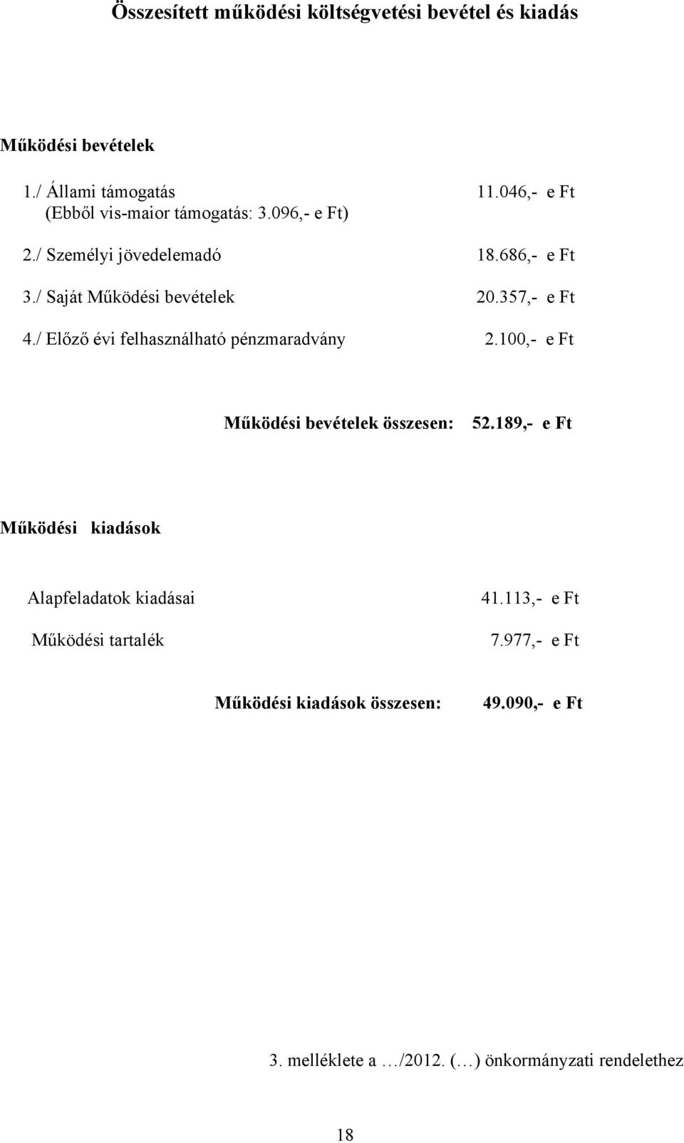 357,- e Ft 4./ Előző évi felhasználható pénzmaradvány 2.100,- e Ft i összesen: 52.