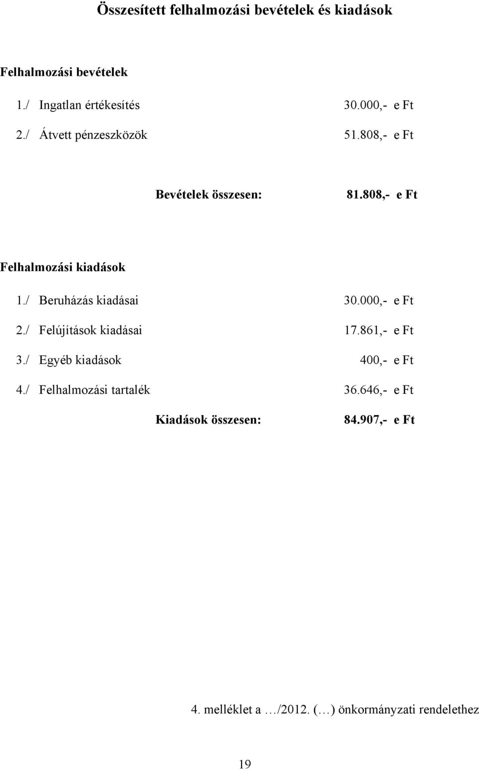 / kiadásai 30.000,- e Ft 2./ Felújítások kiadásai 17.861,- e Ft 3./ 400,- e Ft 4.