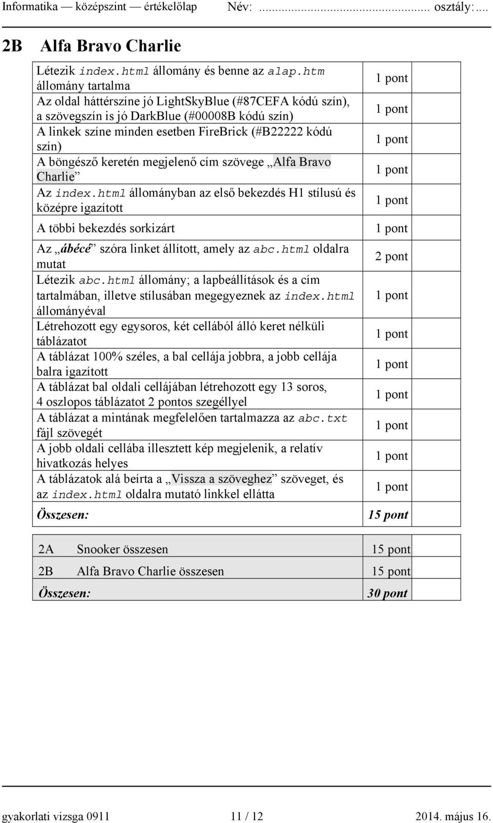 keretén megjelenő cím szövege Alfa Bravo Charlie Az index.html állományban az első bekezdés H1 stílusú és középre igazított A többi bekezdés sorkizárt Az ábécé szóra linket állított, amely az abc.