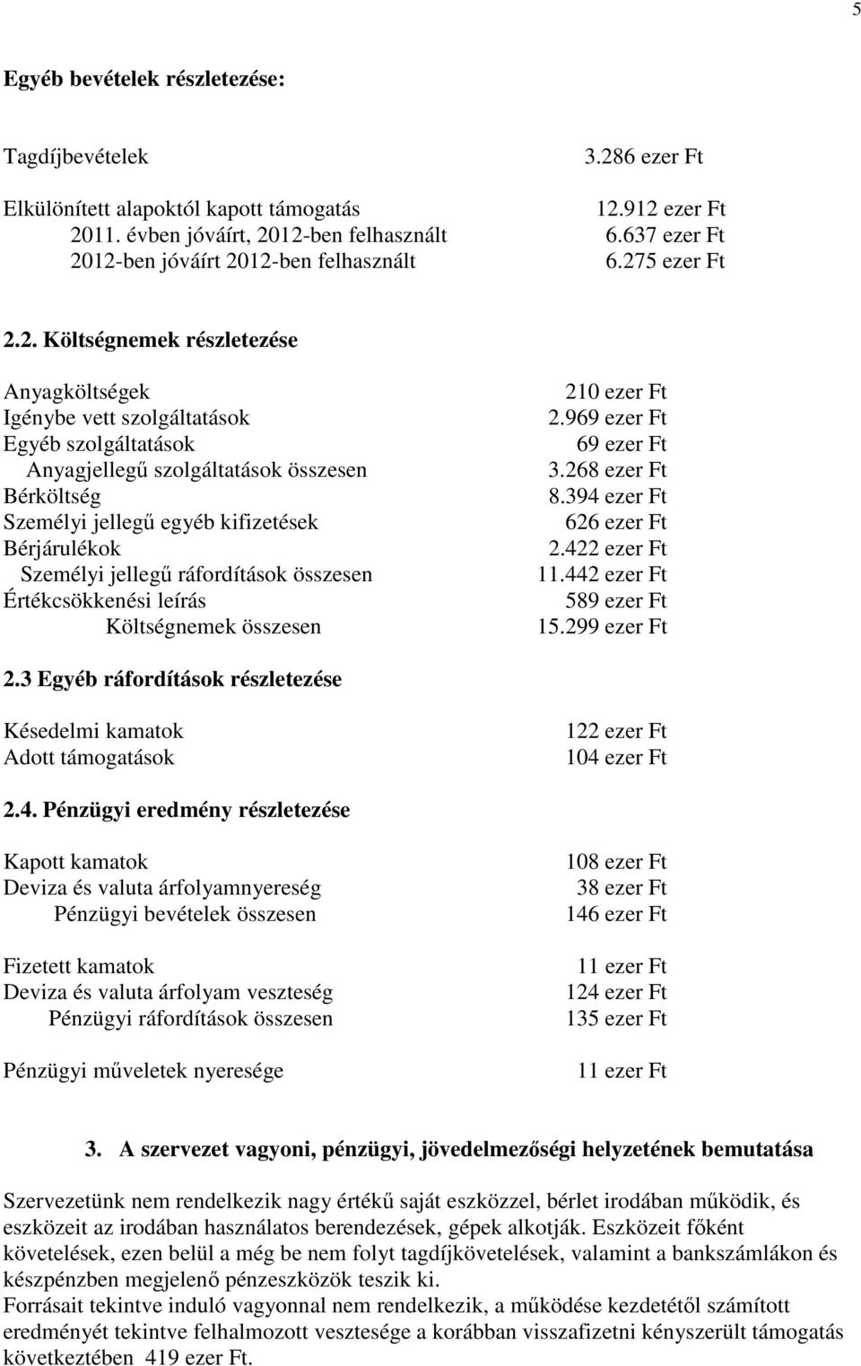 12-ben jóváírt 2012-ben felhasznált 6.275 ezer Ft 2.2. Költségnemek részletezése Anyagköltségek Igénybe vett szolgáltatások Egyéb szolgáltatások Anyagjellegő szolgáltatások összesen Bérköltség