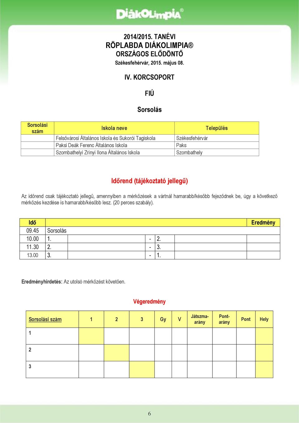 Település Székesfehérvár Paks Szombathely Időrend (tájékoztató jellegű) Az időrend csak tájékoztató jellegű, amennyiben a mérkőzések a vártnál hamarabb/később fejeződnek be, úgy a