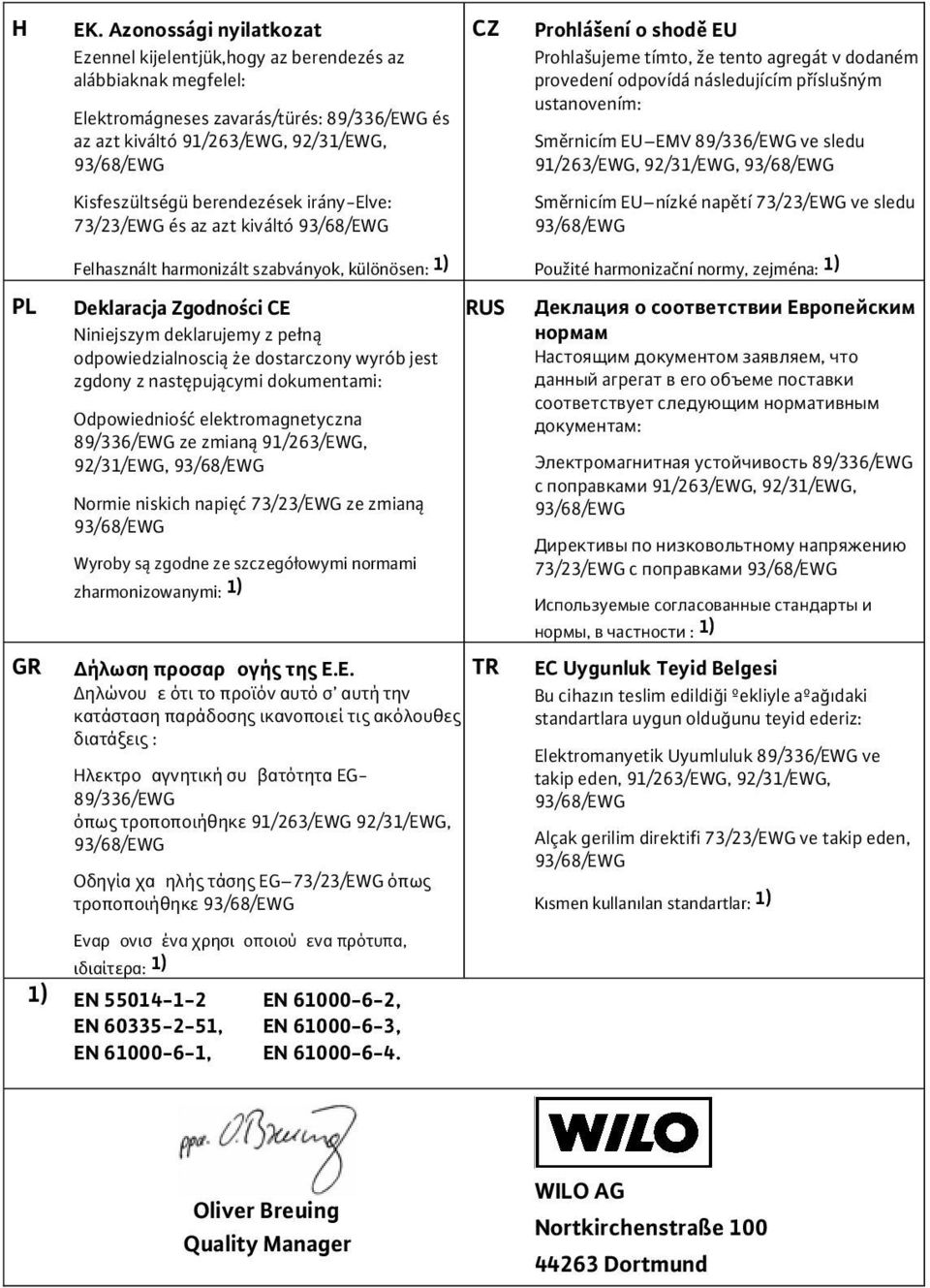 berendezések irány-elve: 73/23/EWG és az azt kiváltó 93/68/EWG Felhasznált harmonizált szabványok, különösen: 1) Deklaracja Zgodności CE Niniejszym deklarujemy z pełną odpowiedzialnoscią że