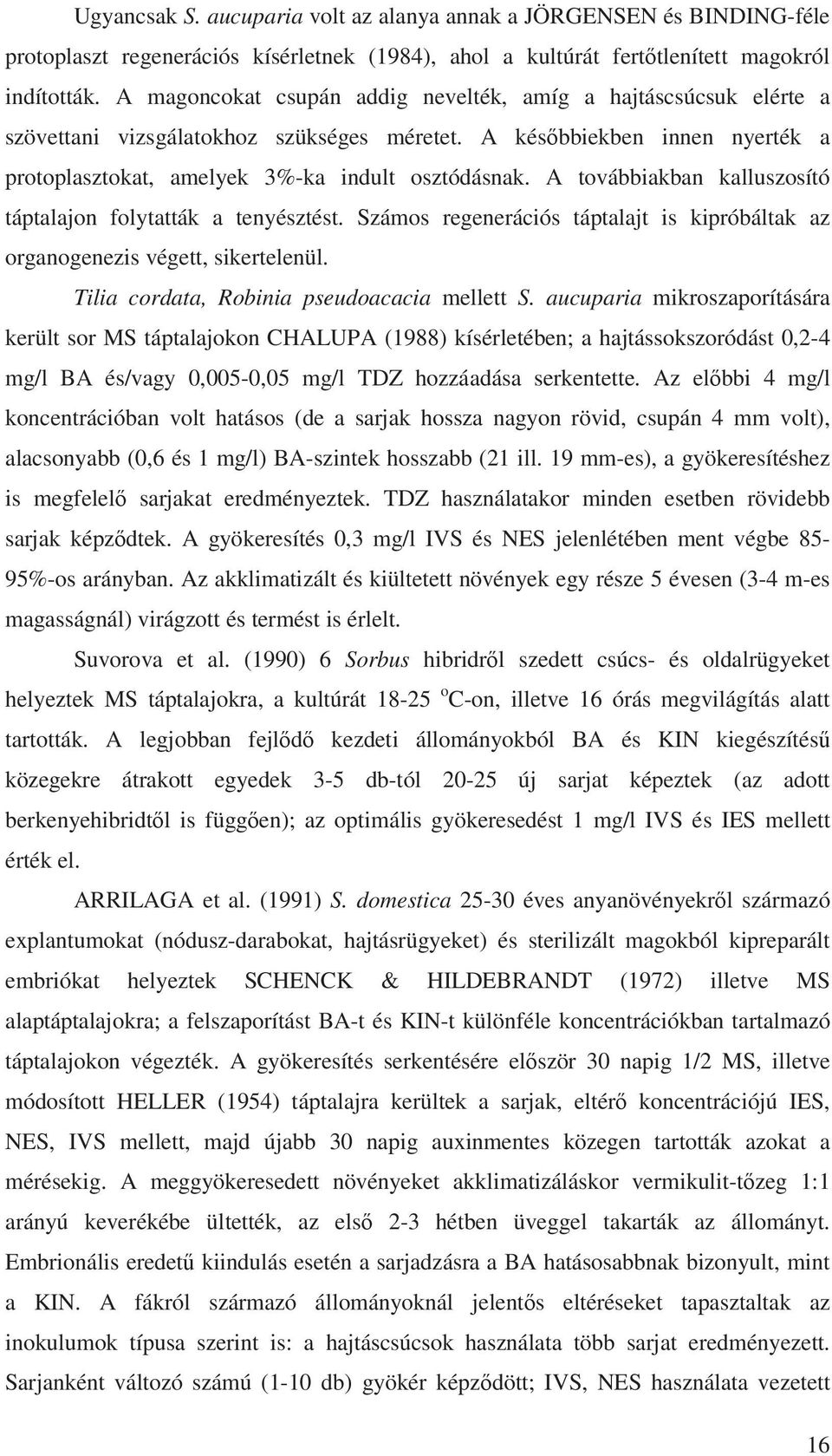 A továbbiakban kalluszosító táptalajon folytatták a tenyésztést. Számos regenerációs táptalajt is kipróbáltak az organogenezis végett, sikertelenül. Tilia cordata, Robinia pseudoacacia mellett S.