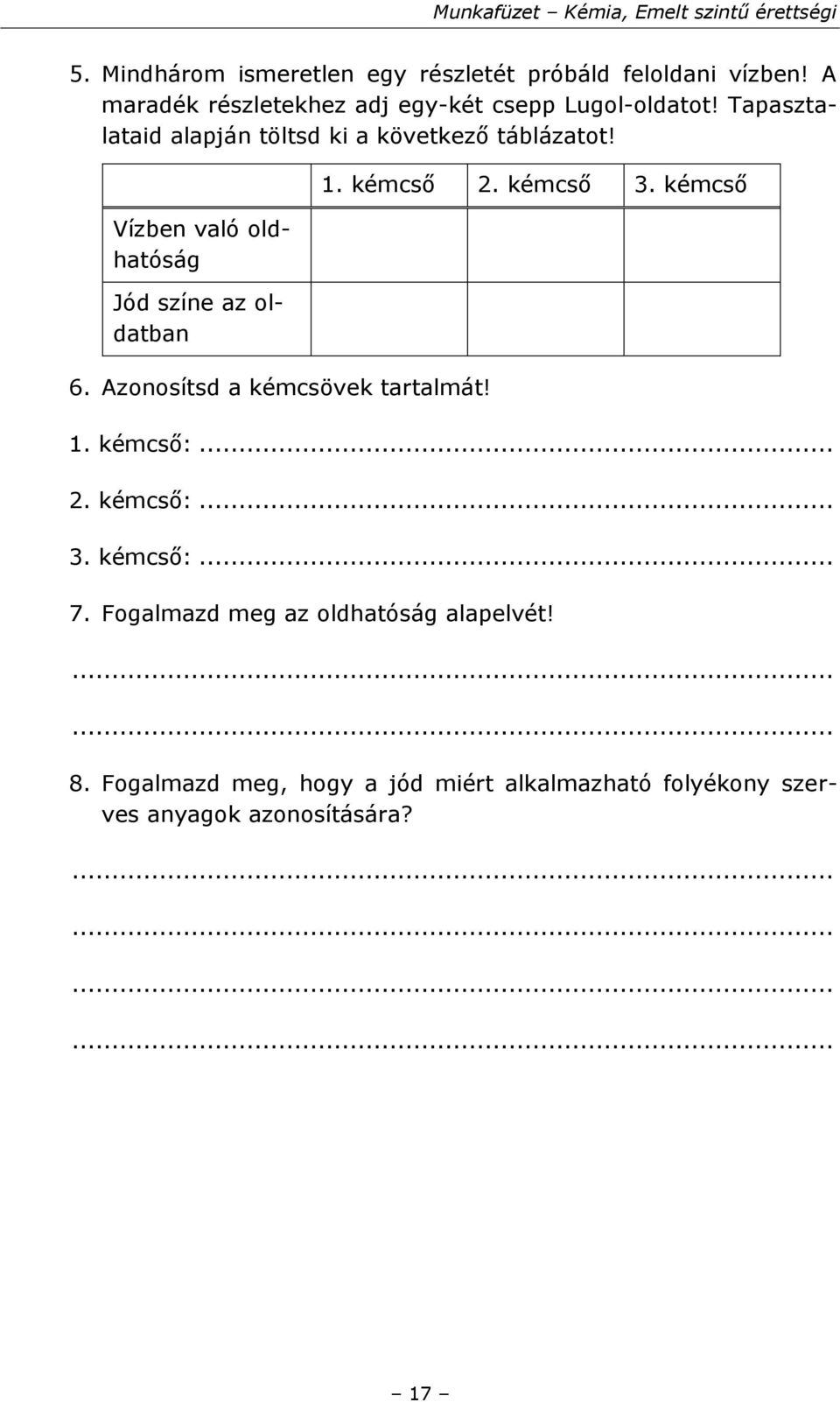 Vízben való oldhatóság Jód színe az oldatban 6. Azonosítsd a kémcsövek tartalmát! 1. kémcső 2. kémcső 3. kémcső 1.