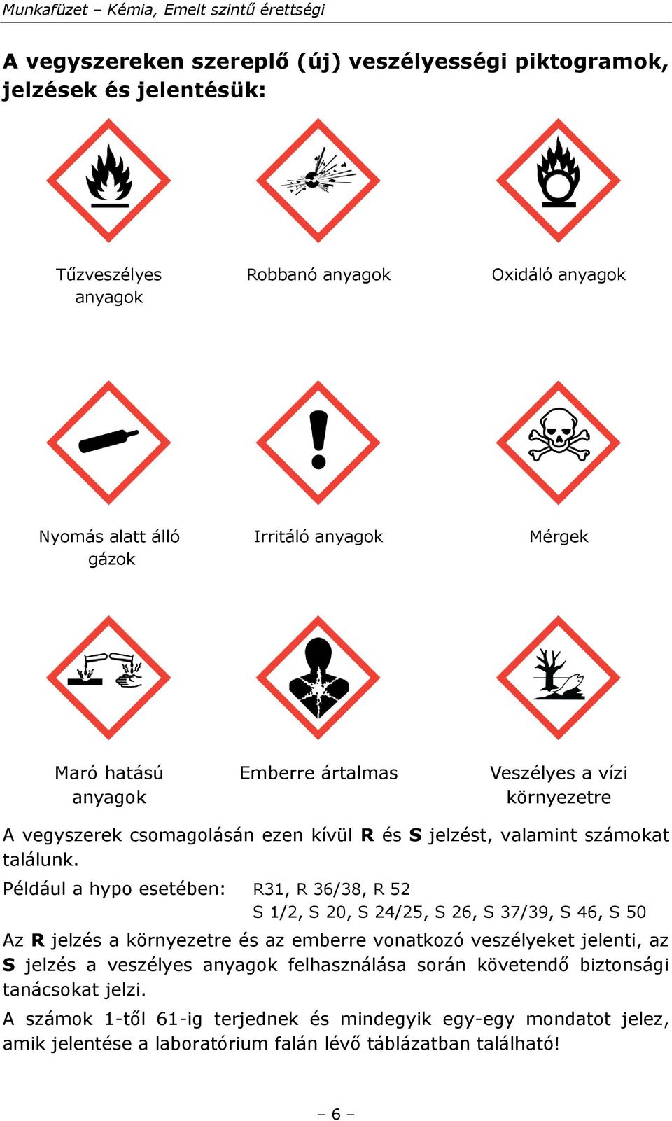 Például a hypo esetében: R31, R 36/38, R 52 S 1/2, S 20, S 24/25, S 26, S 37/39, S 46, S 50 Az R jelzés a környezetre és az emberre vonatkozó veszélyeket jelenti, az S jelzés a