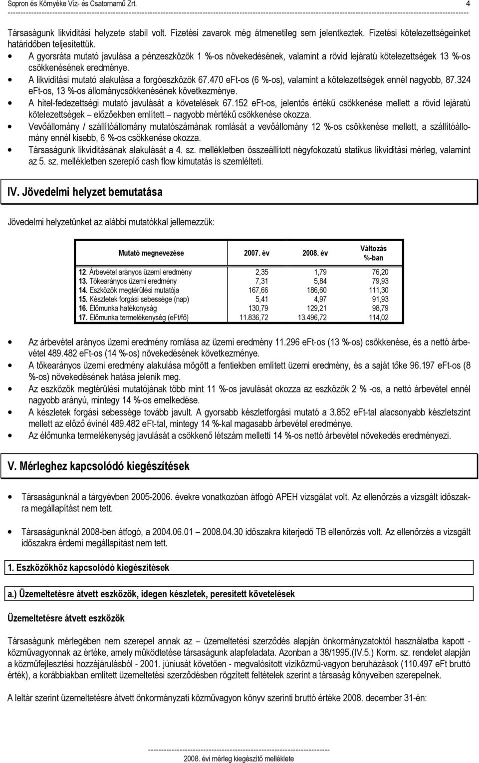 A gyorsráta mutató javulása a pénzeszközök 1 %-os növekedésének, valamint a rövid lejáratú kötelezettségek 13 %-os csökkenésének eredménye. A likviditási mutató alakulása a forgóeszközök 67.