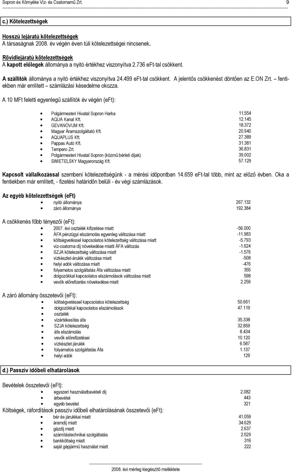Rövidlejáratú kötelezettségek A kapott elılegek állománya a nyitó értékhez viszonyítva 2.736 eft-tal csökkent. A szállítók állománya a nyitó értékhez viszonyítva 24.499 eft-tal csökkent.