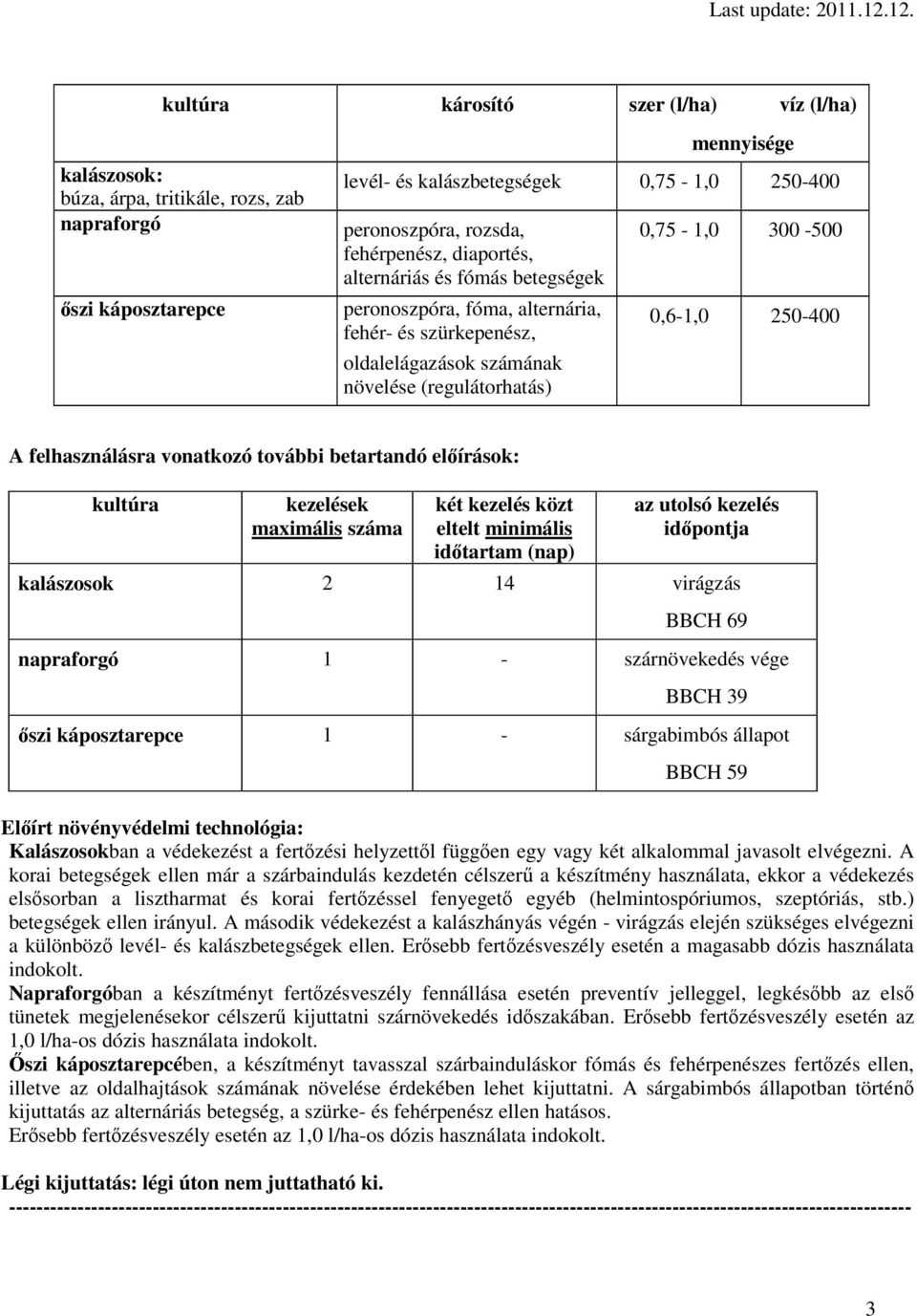 felhasználásra vonatkozó további betartandó elírások: kultúra kezelések maximális száma két kezelés közt eltelt minimális idtartam (nap) az utolsó kezelés idpontja kalászosok 2 14 virágzás BBCH 69