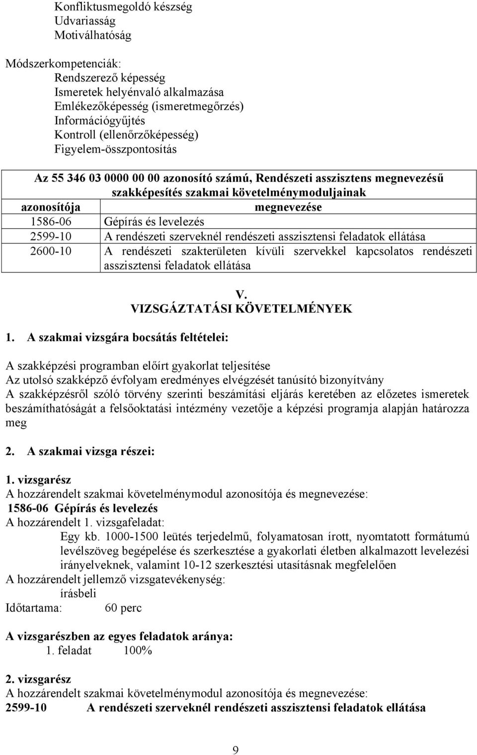 Gépírás és levelezés 2599-10 A rendészeti szerveknél rendészeti asszisztensi feladatok ellátása 2600-10 A rendészeti szakterületen kívüli szervekkel kapcsolatos rendészeti asszisztensi feladatok