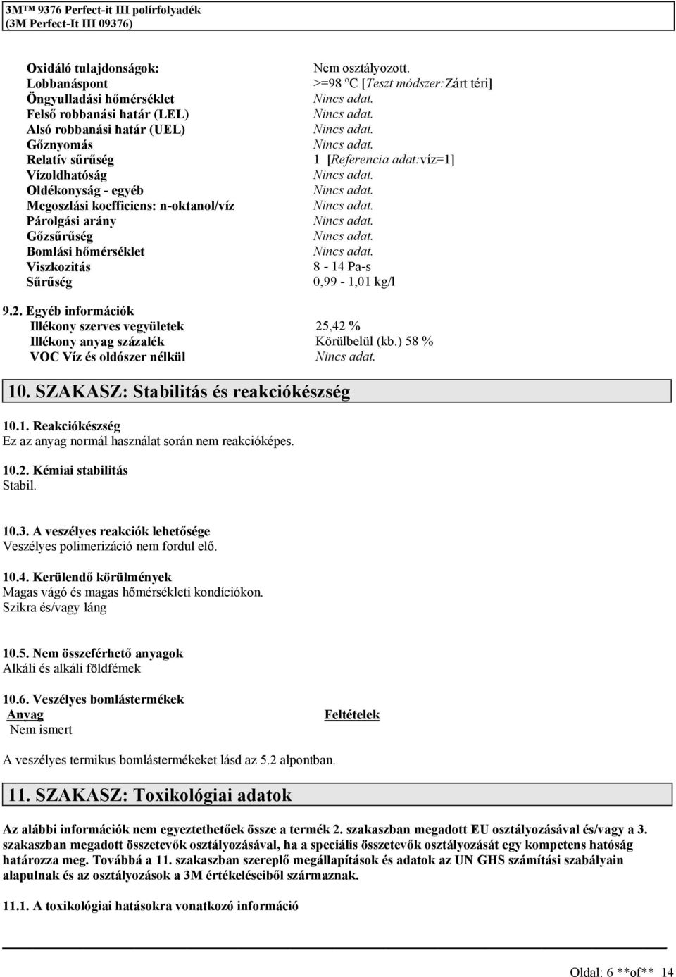 2. Egyéb információk Illékony zerve vegyületek 25,42 % Illékony anyag zázalék Körülbelül (kb.) 58 % VOC Víz é oldózer nélkül Ninc adat. 10. SZAKASZ: Stabilitá é reakciókézég 10.1. Reakciókézég Ez az anyag normál haználat orán reakcióképe.