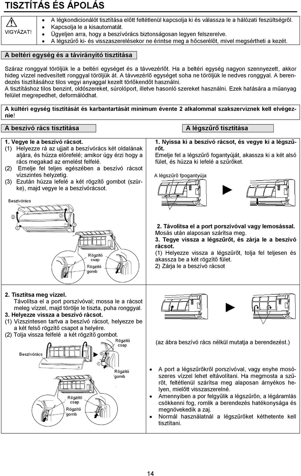 A beltéri egység és a távirányító tisztítása Száraz ronggyal töröljük le a beltéri egységet és a távvezérlőt.