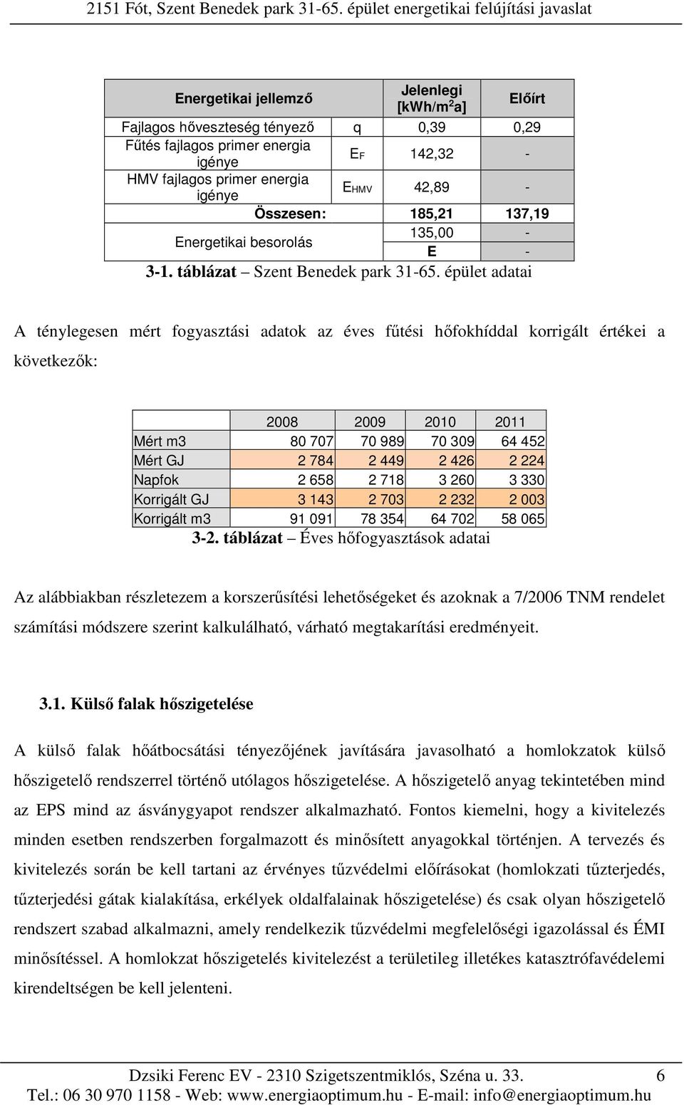 épület adatai A ténylegesen mért fogyasztási adatok az éves fűtési hőfokhíddal korrigált értékei a következők: 2008 2009 2010 2011 Mért m3 80 707 70 989 70 309 64 452 Mért GJ 2 784 2 449 2 426 2 224