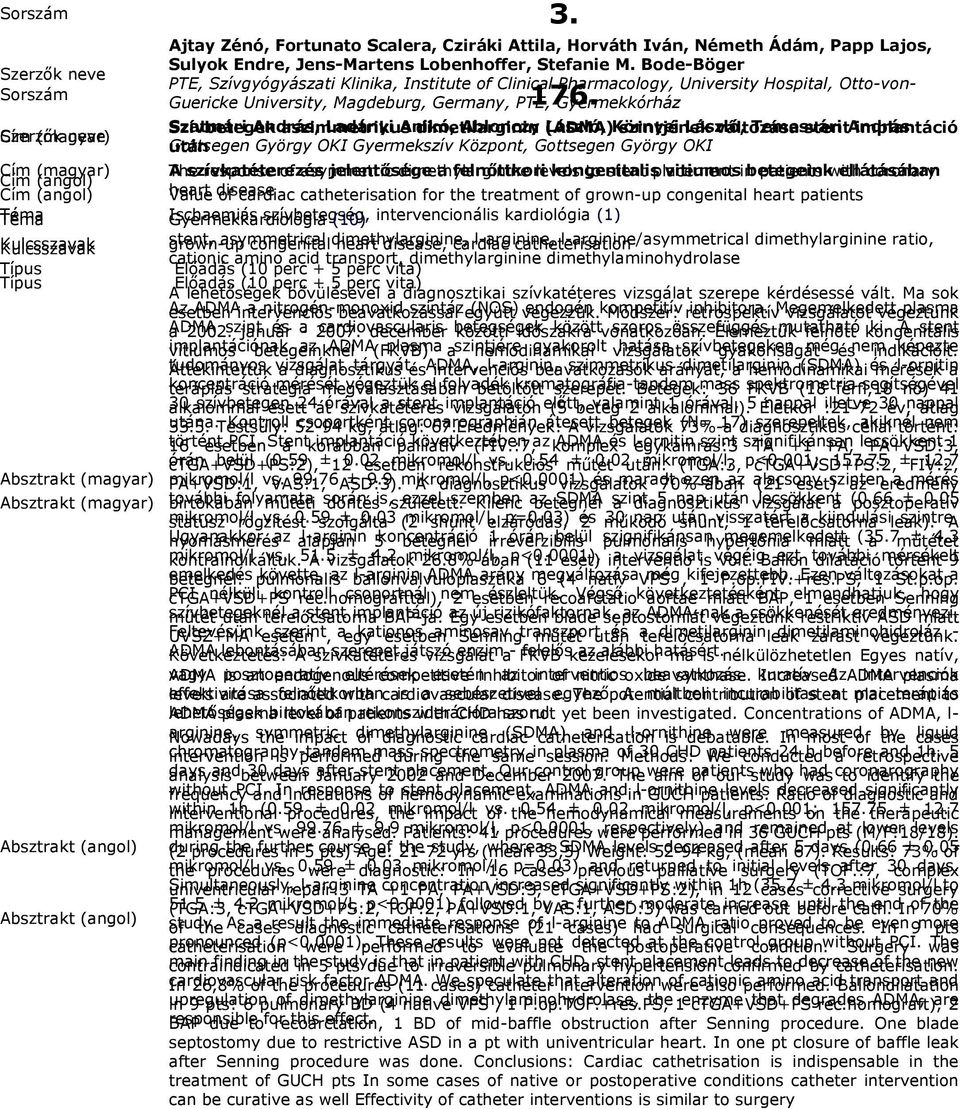 Gyermekkórház Cím Szerzők (magyar) neve Szívbetegek Szatmári András, aszimmetrikus Ladányi Anikó, dimetilarginin Ablonczy (ADMA) László, Környei szintjének László, változása Temesvári stent András