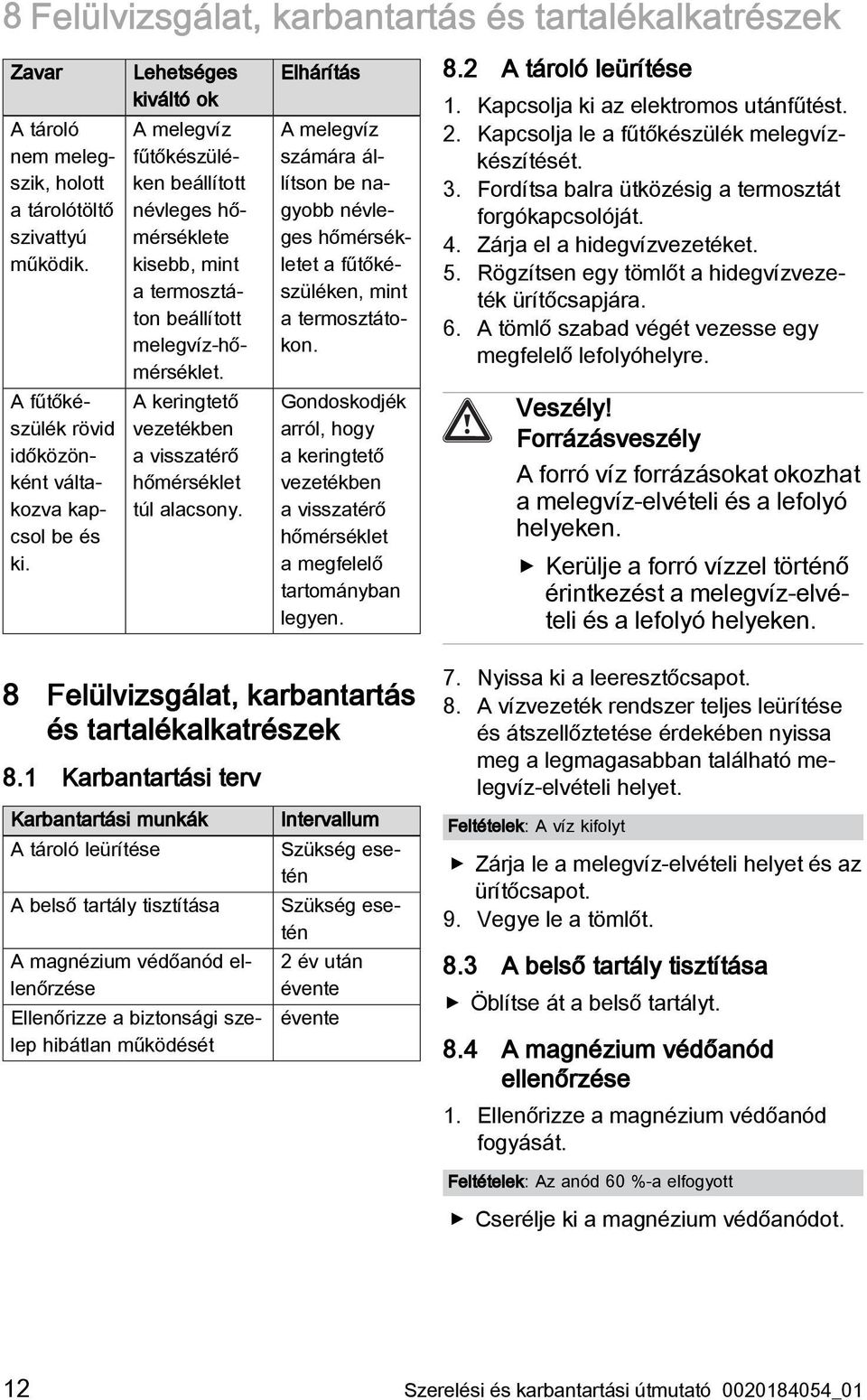 A keringtető vezetékben a visszatérő hőmérséklet túl alacsony. Elhárítás A melegvíz számára állítson be nagyobb névleges hőmérsékletet a fűtőkészüléken, mint a termosztátokon.