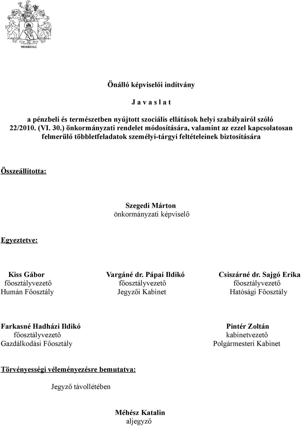 önkormányzati képviselő Egyeztetve: Kiss Gábor Vargáné dr. Pápai Ildikó Csiszárné dr.