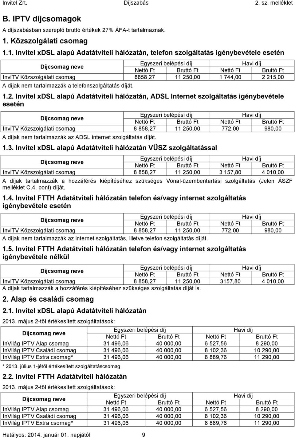 1. Invitel xdsl alapú Adatátviteli hálózatán, telefon szolgáltatás igénybevétele esetén Egyszeri belépési díj Havi díj Díjcsomag neve Nettó Ft Bruttó Ft Nettó Ft Bruttó Ft InviTV Közszolgálati csomag