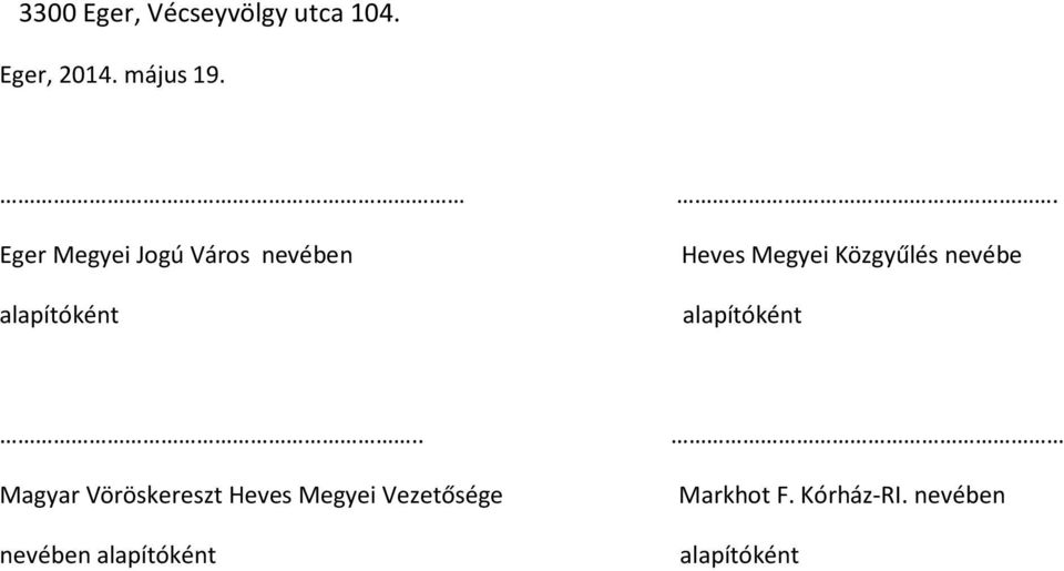 Heves Megyei Közgyűlés nevébe alapítóként.