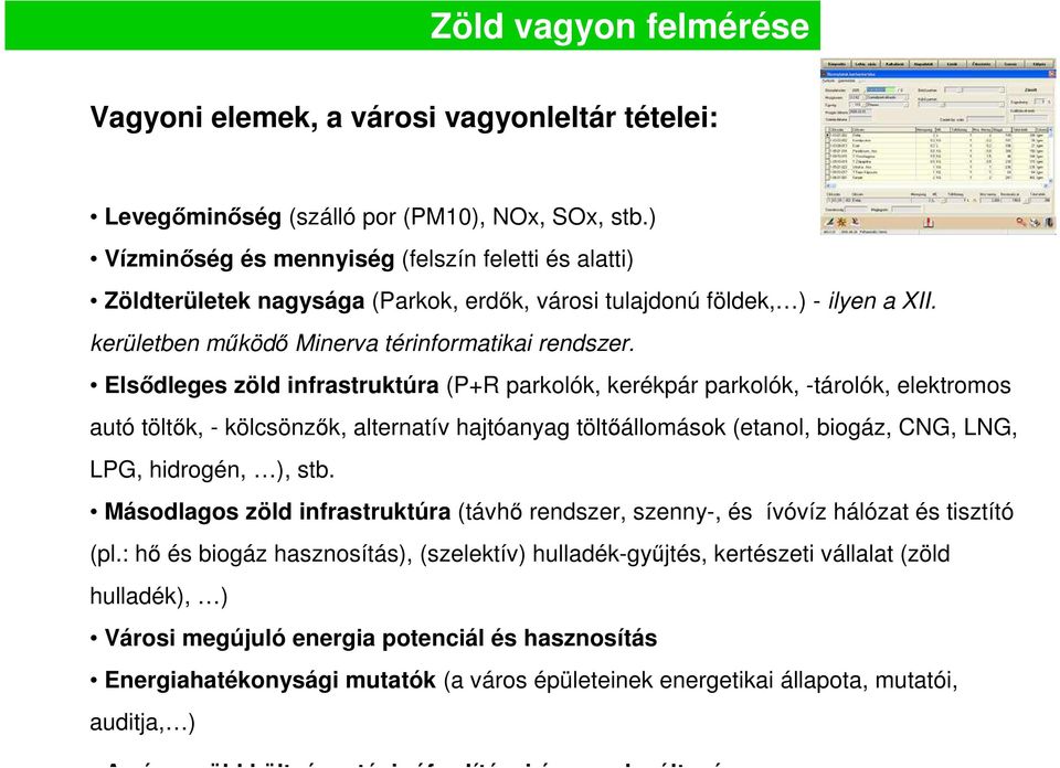 Elsődleges zöld infrastruktúra (P+R parkolók, kerékpár parkolók, -tárolók, elektromos autó töltők, - kölcsönzők, alternatív hajtóanyag töltőállomások (etanol, biogáz, CNG, LNG, LPG, hidrogén, ), stb.