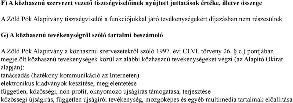 ) pontjában megjelölt közhasznú tevékenységek közül az alábbi közhasznú tevékenységeket végzi (az Alapító Okirat alapján): tanácsadás (hatékony kommunikáció az Interneten) elektronikus