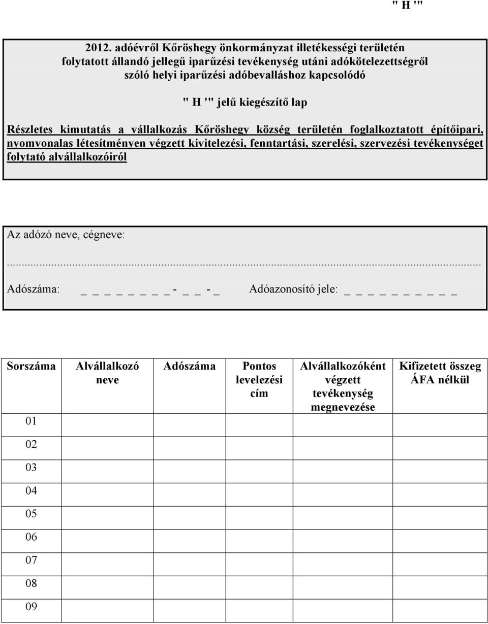 adóbevalláshoz kapcsolódó " H '" jelű kiegészítő lap Részletes kimutatás a vállalkozás Kőröshegy község területén foglalkoztatott építőipari, nyomvonalas