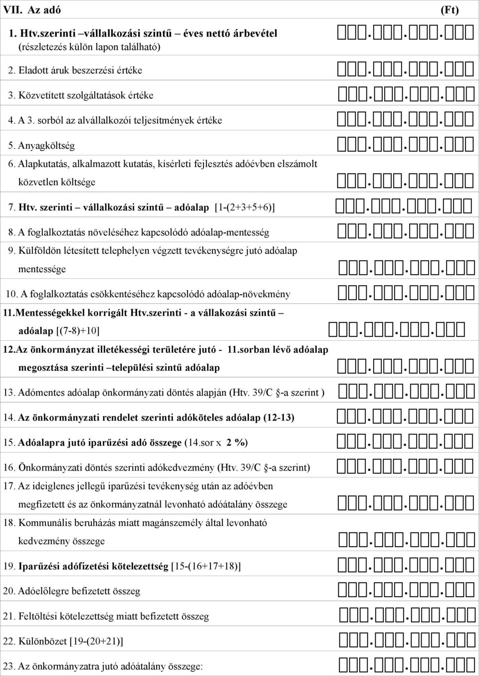 szerinti vállalkozási szintű adóalap [1-(2+3+5+6)] 8. A foglalkoztatás növeléséhez kapcsolódó adóalap-mentesség 9. Külföldön létesített telephelyen végzett tevékenységre jutó adóalap mentessége 10.