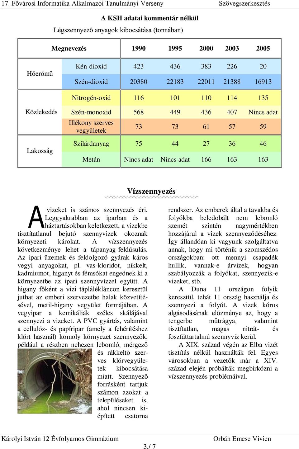 163 163 Vízszennyezés A vizeket is számos szennyezés éri. Leggyakrabban az iparban és a háztartásokban keletkezett, a vizekbe tisztítatlanul bejutó szennyvizek okoznak környezeti károkat.