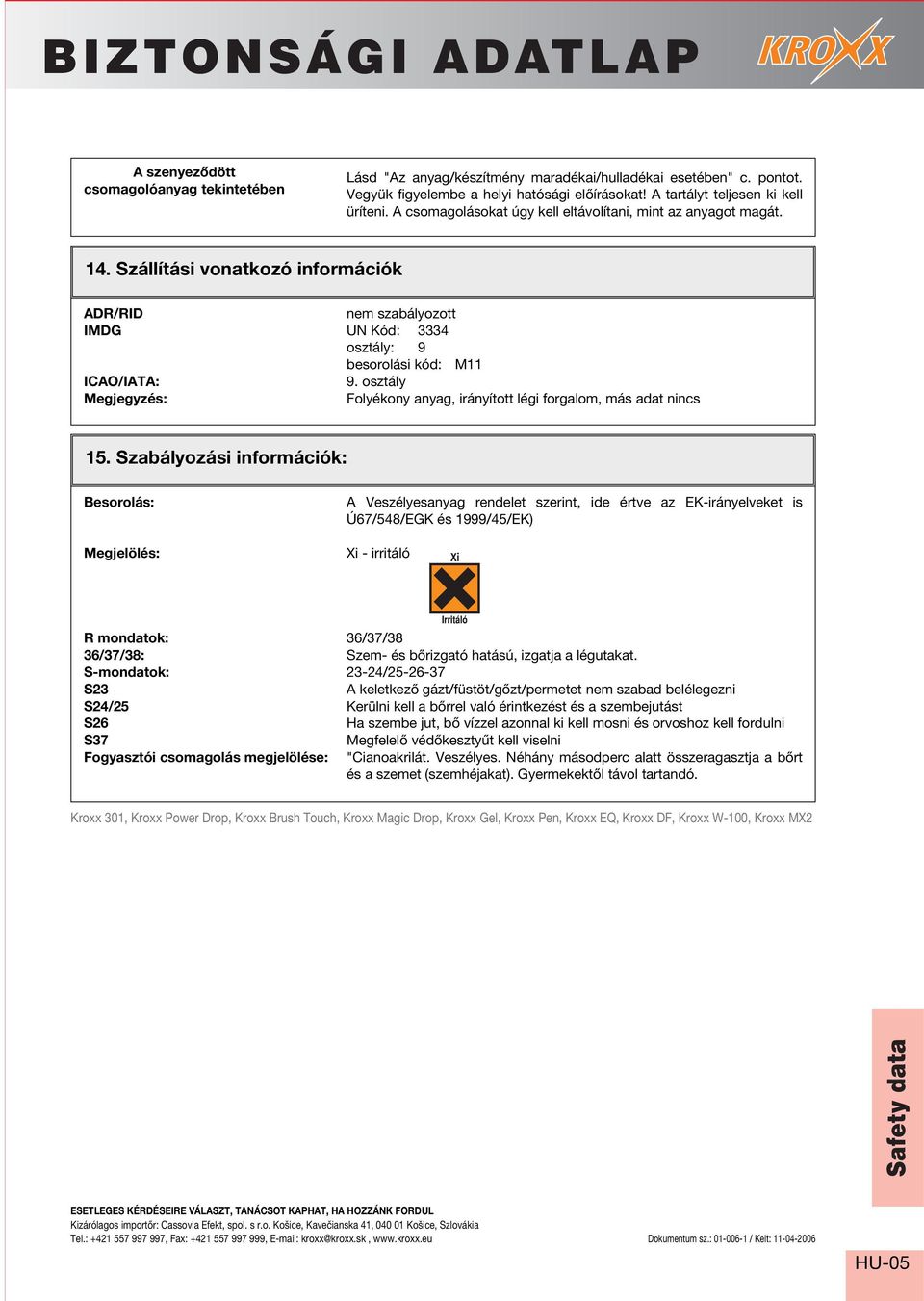 osztály Megjegyzés: Folyékony anyag, irányított légi forgalom, más adat nincs 15.
