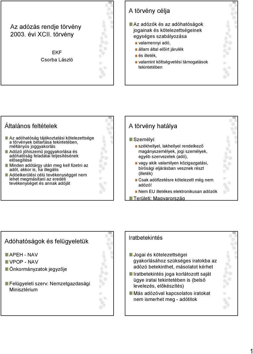 tekintetében Általános feltételek Az adóhatóság tájékoztatási kötelezettsége a törvények betartása tekintetében, méltányos joggyakorlás Adózó jóhiszemű joggyakorlása és adóhatóság feladatai
