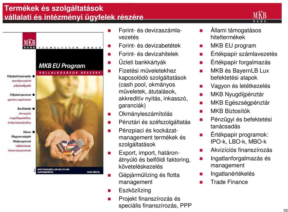 Okmányleszámítolás Pénztári és széfszolgáltatás Pénzpiaci és kockázatmanagement termékek és szolgáltatások Export, import, határonátnyúló és belföldi faktoring, követeléskezelés Gépjármőlízing és