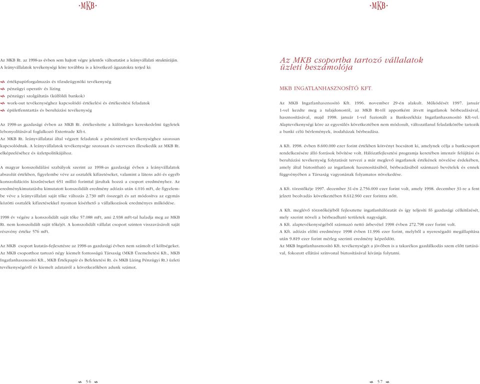 bankok) work-out tevékenységhez kapcsolódó értékelési és értékesítési feladatok épületfenntartás és beruházási tevékenység Az 1998-as gazdasági évben az MKB Rt.