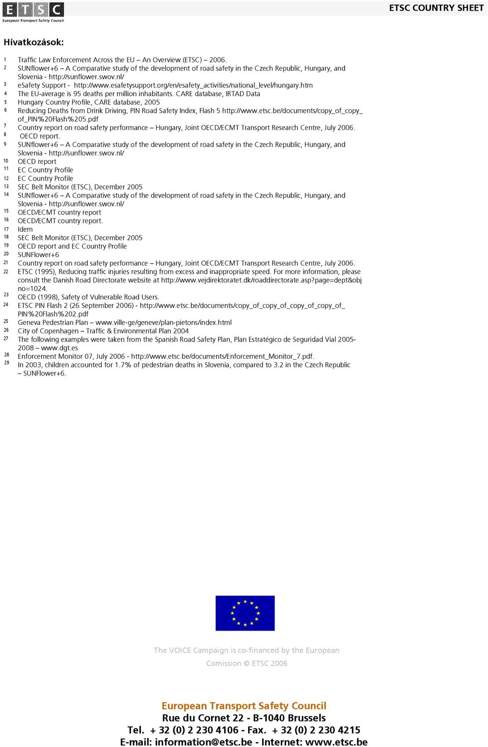 CARE database, IRTAD Data Hungary Country Profile, CARE database, 005 Reducing Deaths from Drink Driving, PIN Road Safety Index, Flash 5 http://www.etsc.be/documents/copy_of_copy_ of_pin%0flash%05.