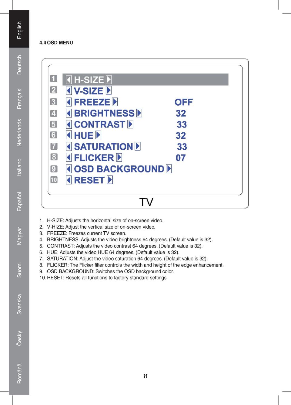 (Default value is 32). 7. SATURATION: Adjust the video saturation 64 degrees. (Default value is 32). 8.