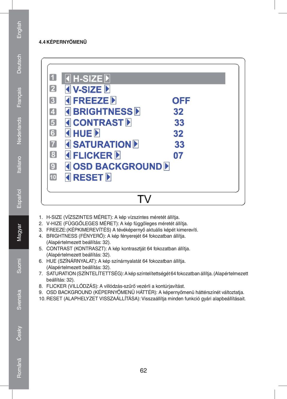 CONTRAST (KONTRASZT): A kép kontrasztját 64 fokozatban állítja. (Alapértelmezett beállítás: 32). 6. HUE (SZÍNÁRNYALAT): A kép színárnyalatát 64 fokozatban állítja. (Alapértelmezett beállítás: 32). 7.