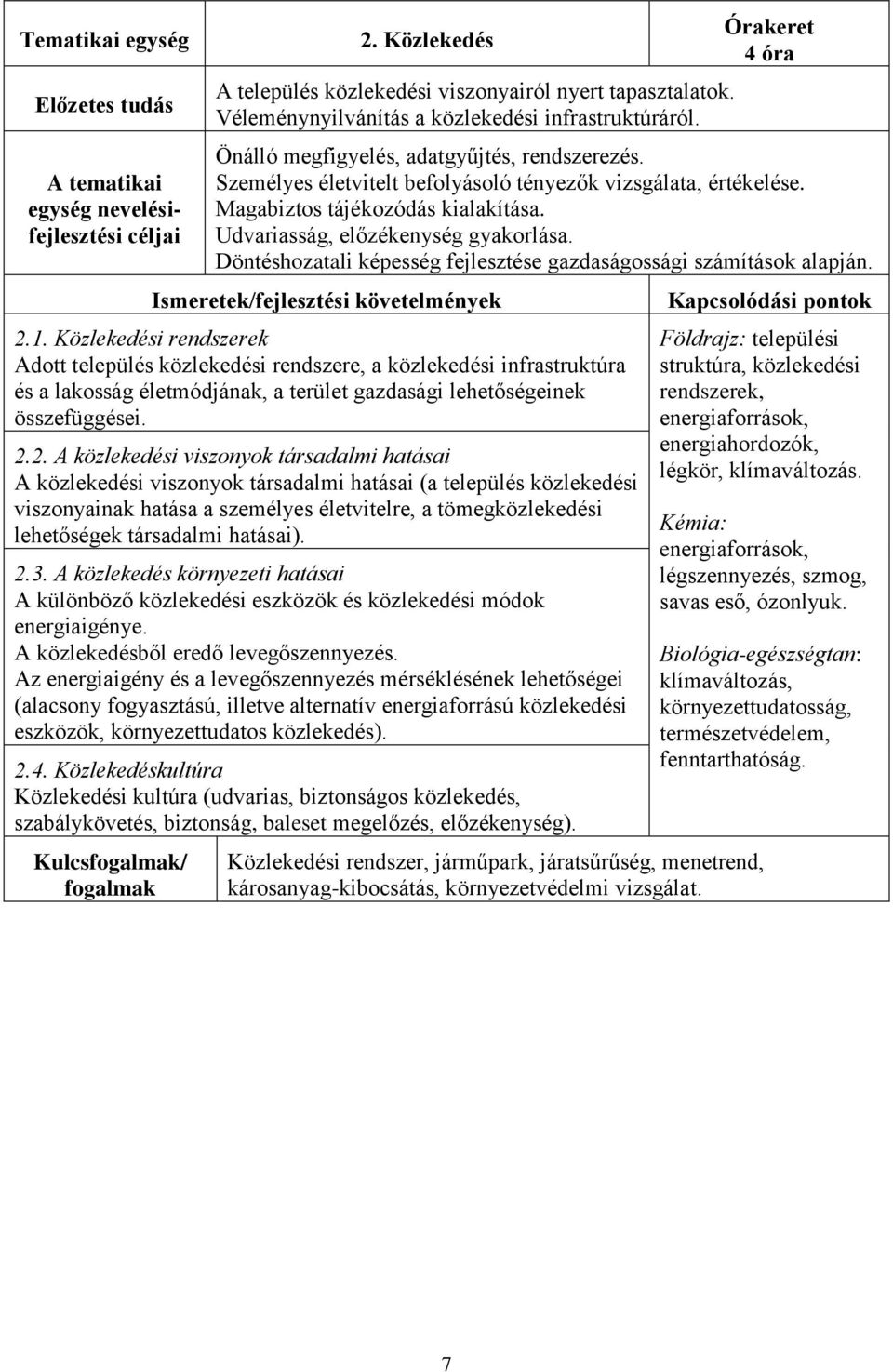 Magabiztos tájékozódás kialakítása. Udvariasság, előzékenység gyakorlása. Döntéshozatali képesség fejlesztése gazdaságossági számítások alapján. Ismeretek/fejlesztési követelmények 2.1.