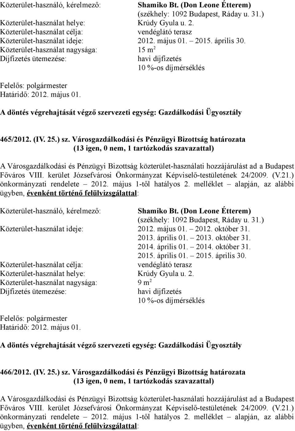 (Don Leone Étterem) (székhely: 1092 Budapest, Ráday u. 31.) Közterület-használat ideje: 2012. május 01. 2012. október 31. 2013. április 01. 2013. október 31. 2014. április 01. 2014. október 31. 2015.