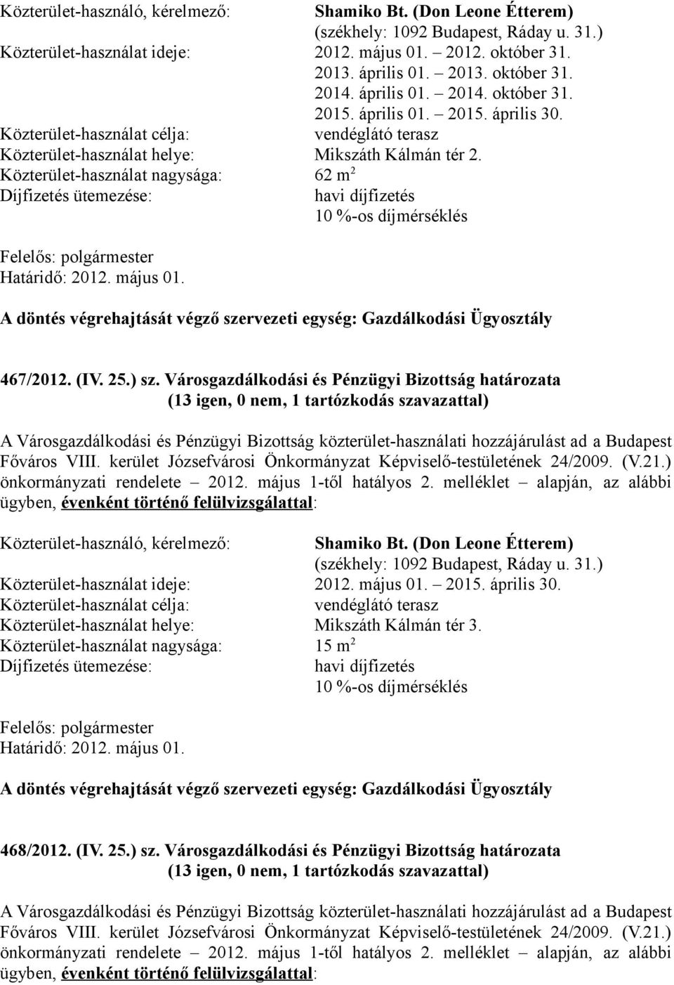 Városgazdálkodási és Pénzügyi Bizottság határozata Közterület-használó, kérelmező: Shamiko Bt. (Don Leone Étterem) (székhely: 1092 Budapest, Ráday u. 31.) Közterület-használat ideje: 2012.