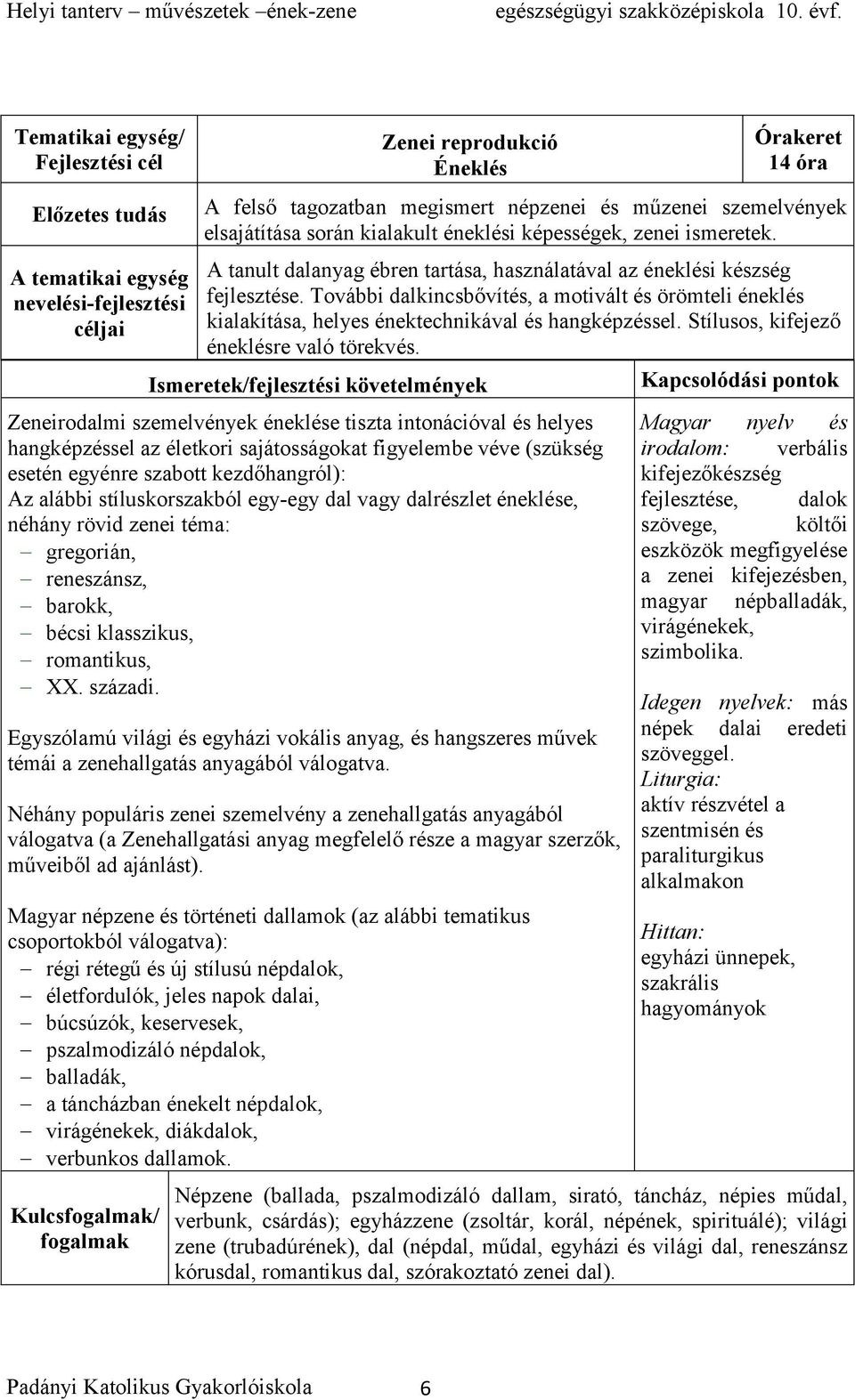 További dalkincsbővítés, a motivált és örömteli éneklés kialakítása, helyes énektechnikával és hangképzéssel. Stílusos, kifejező éneklésre való törekvés.