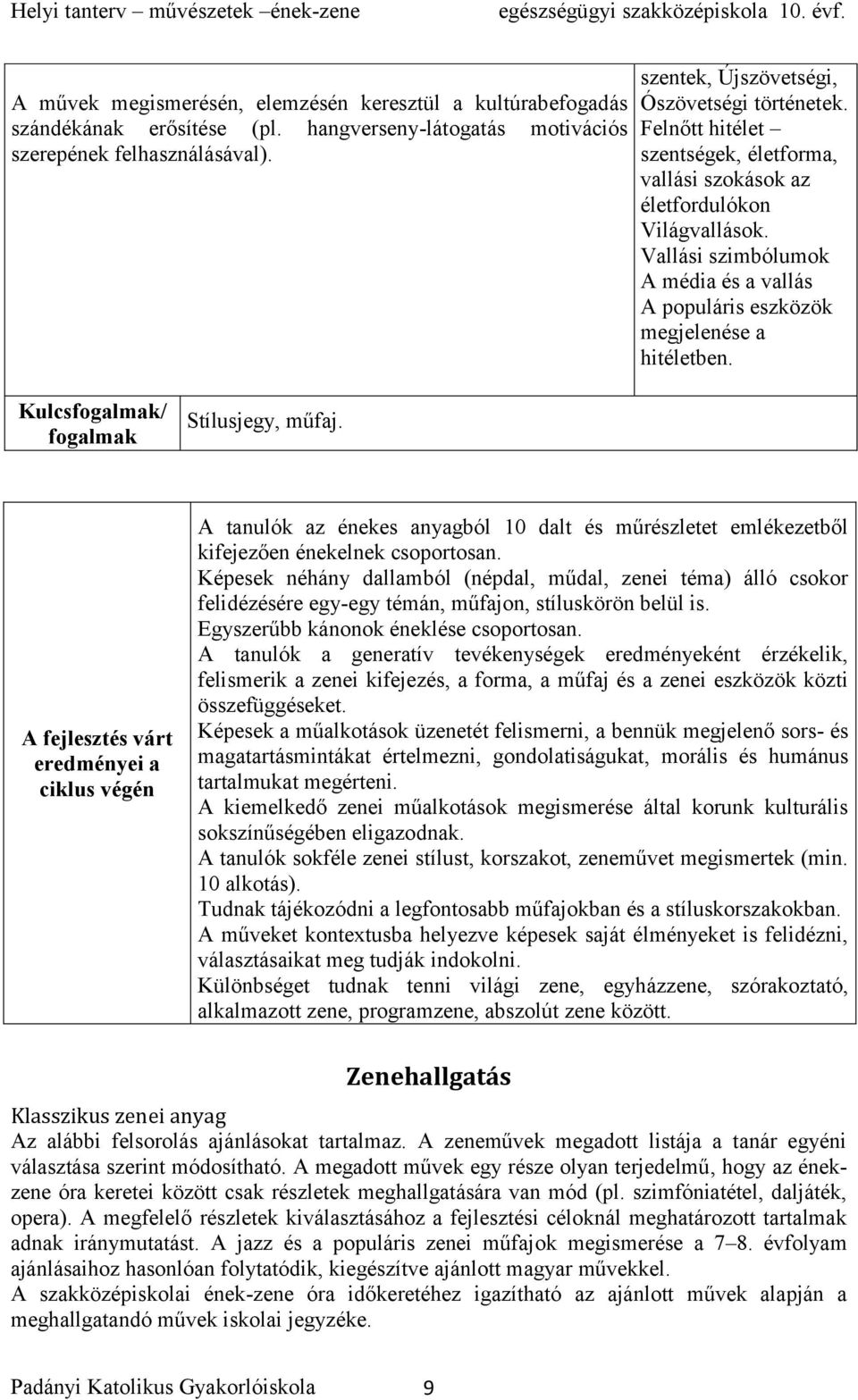 Kulcsfogalmak/ fogalmak Stílusjegy, műfaj. A fejlesztés várt eredményei a ciklus végén A tanulók az énekes anyagból 10 dalt és műrészletet emlékezetből kifejezően énekelnek csoportosan.