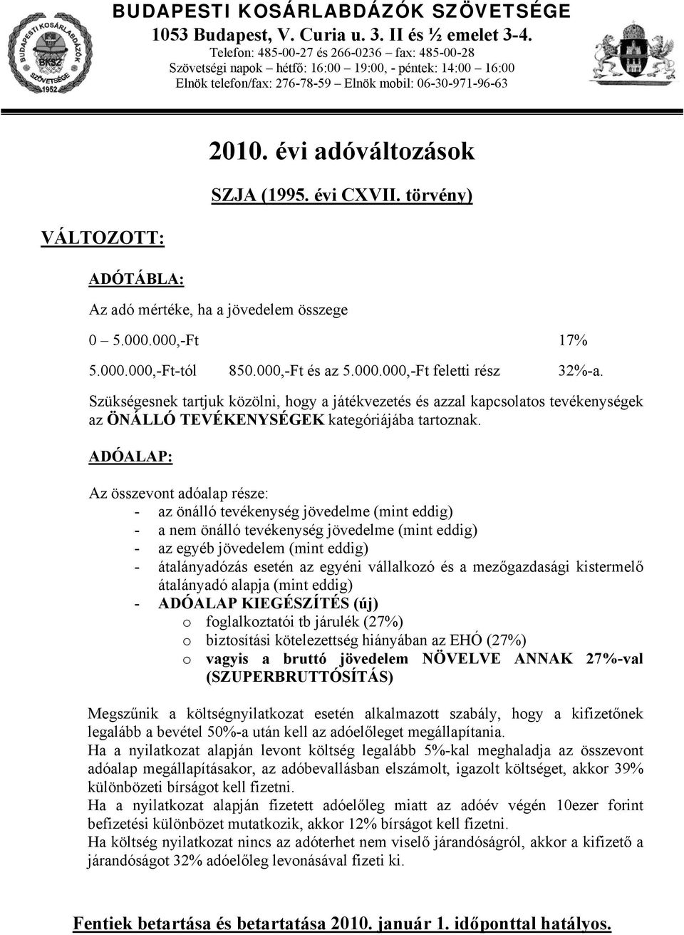 évi adóváltozások SZJA (1995. évi CXVII. törvény) Az adó mértéke, ha a jövedelem összege 0 5.000.000,-Ft 17% 5.000.000,-Ft-tól 850.000,-Ft és az 5.000.000,-Ft feletti rész 32%-a.