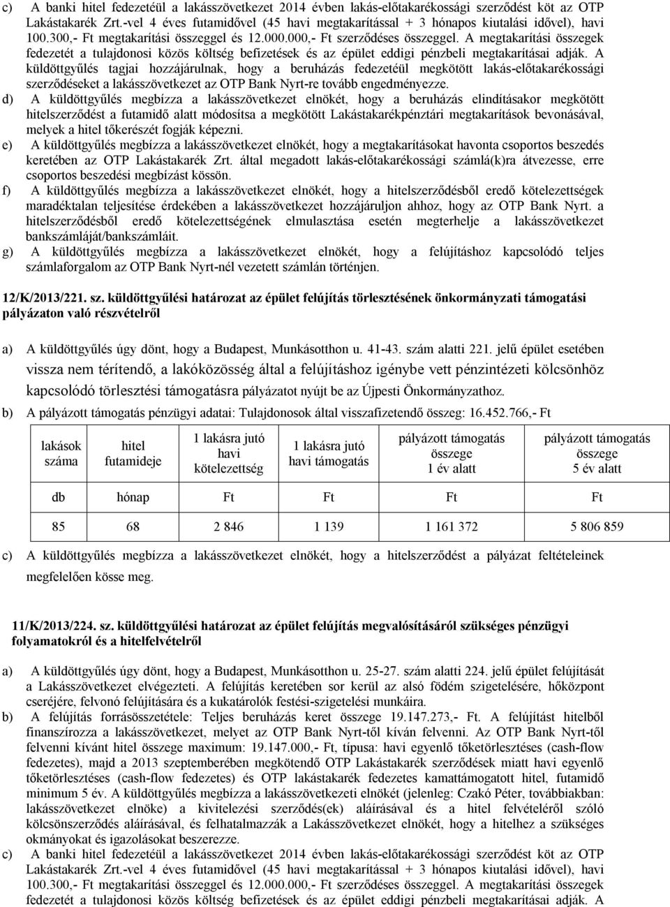 A megtakarítási k szerződést a futamidő alatt módosítsa a megkötött Lakástakarékpénztári megtakarítások bevonásával, melyek a tőkerészét fogják képezni. 12/K/2013/221. sz. küldöttgyűlési határozat az épület felújítás törlesztésének önkormányzati támogatási a) A küldöttgyűlés úgy dönt, hogy a Budapest, Munkásotthon u.