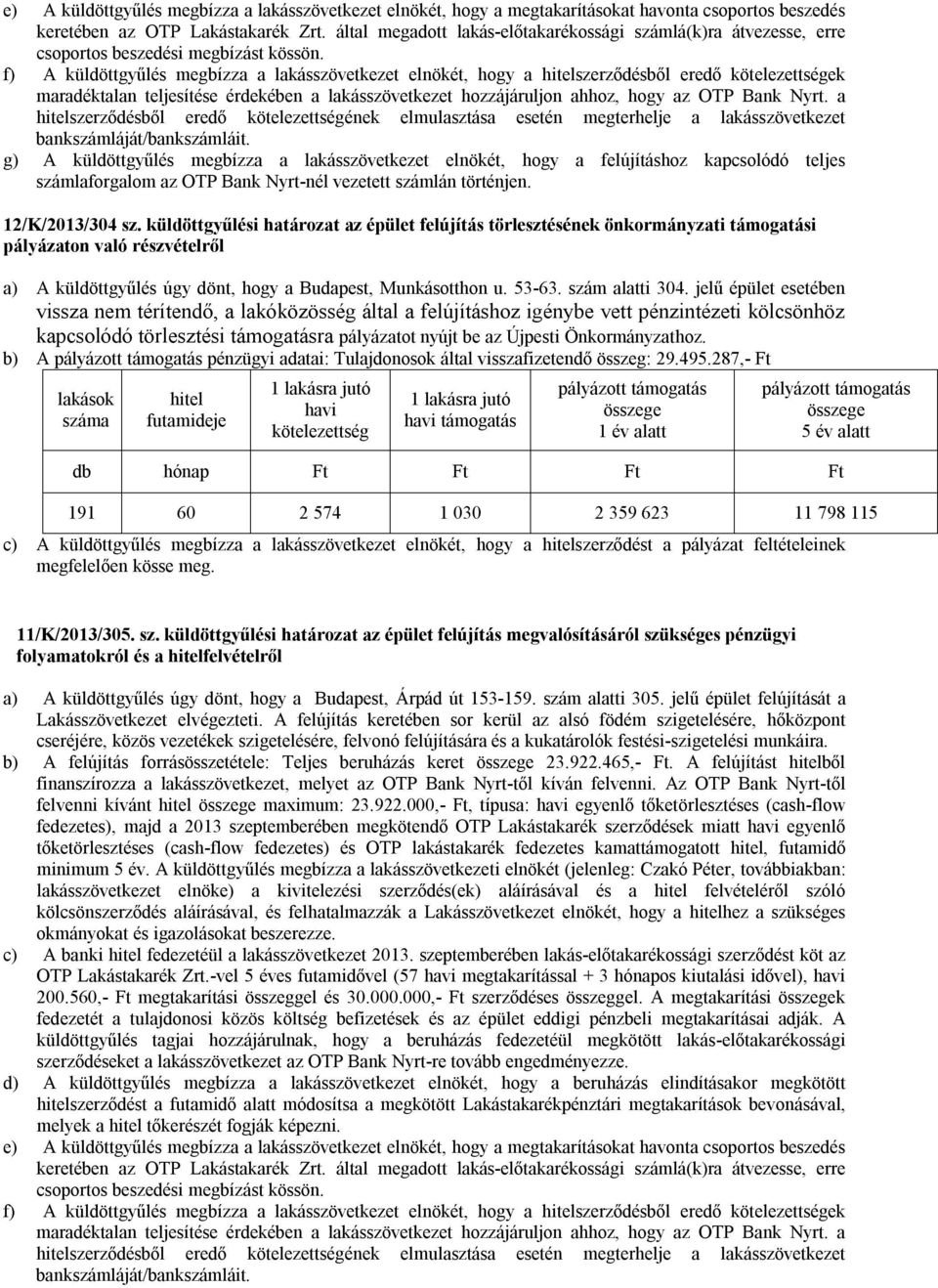 küldöttgyűlési határozat az épület felújítás megvalósításáról szükséges pénzügyi folyamatokról és a felvételről a) A küldöttgyűlés úgy dönt, hogy a Budapest, Árpád út 153-159. szám alatti 305.