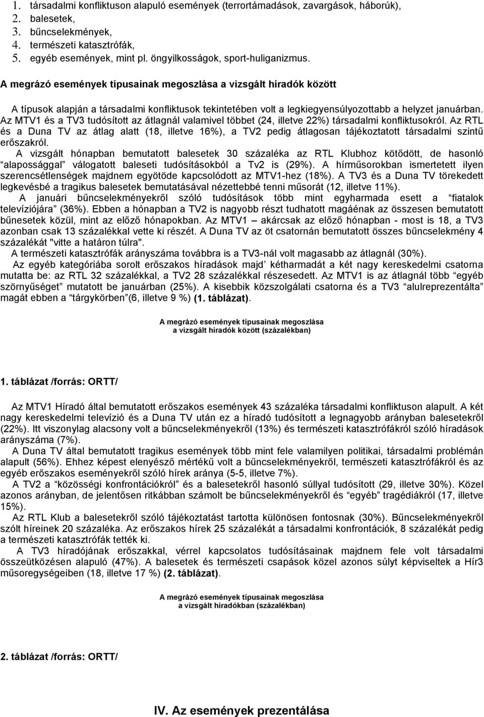 A megrázó események típusainak megoszlása a vizsgált híradók között A típusok alapján a társadalmi konfliktusok tekintetében volt a legkiegyensúlyozottabb a helyzet januárban.