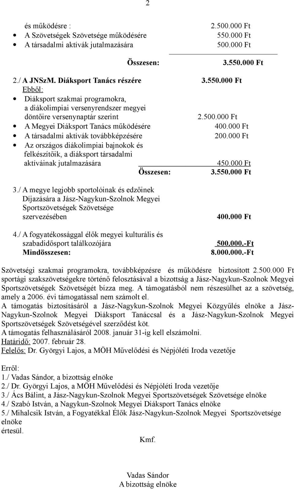 000 Ft Az országos diákolimpiai bajnokok és felkészítőik, a diáksport társadalmi aktíváinak jutalmazására 450.000 Ft Összesen: 3.550.000 Ft 3.