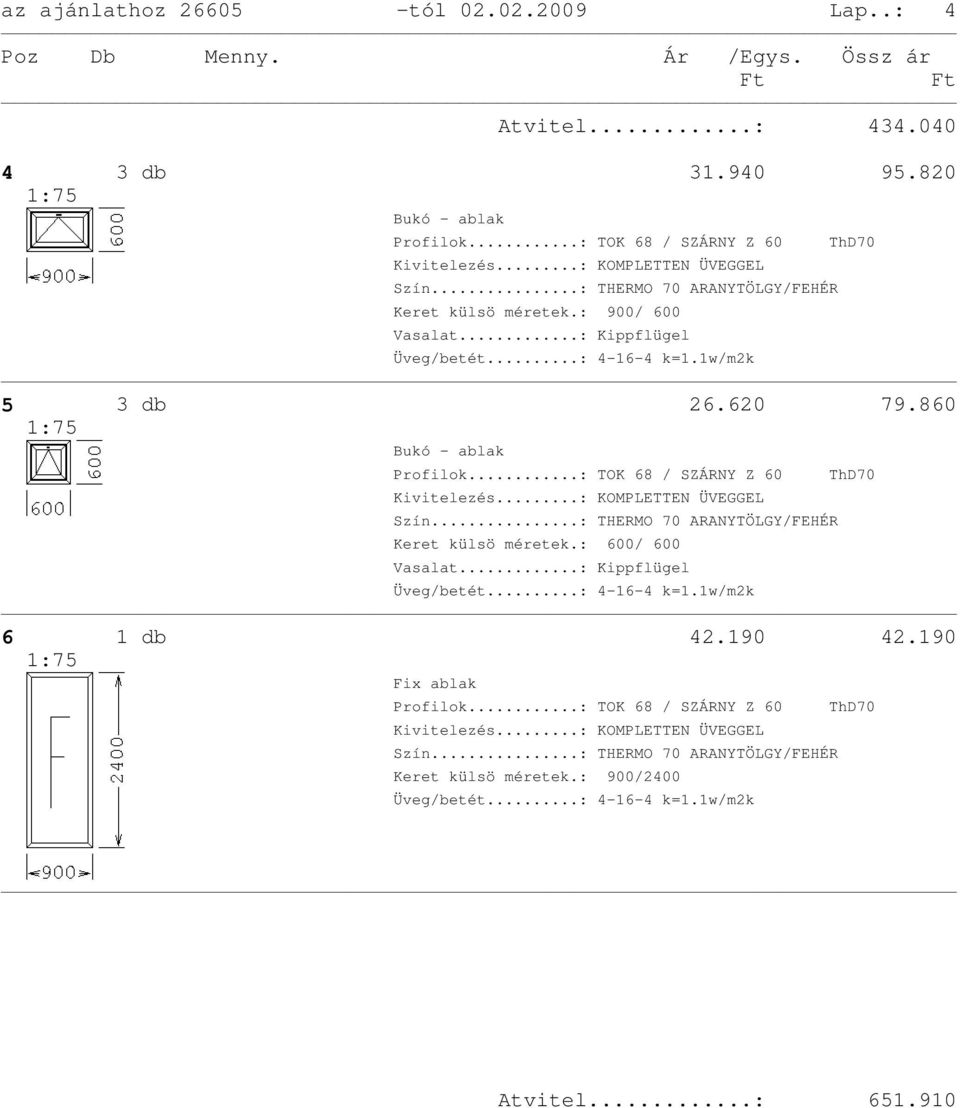 ..: Kippflügel 5 3 db 26.620 79.860 Bukó - ablak Keret külsö méretek.