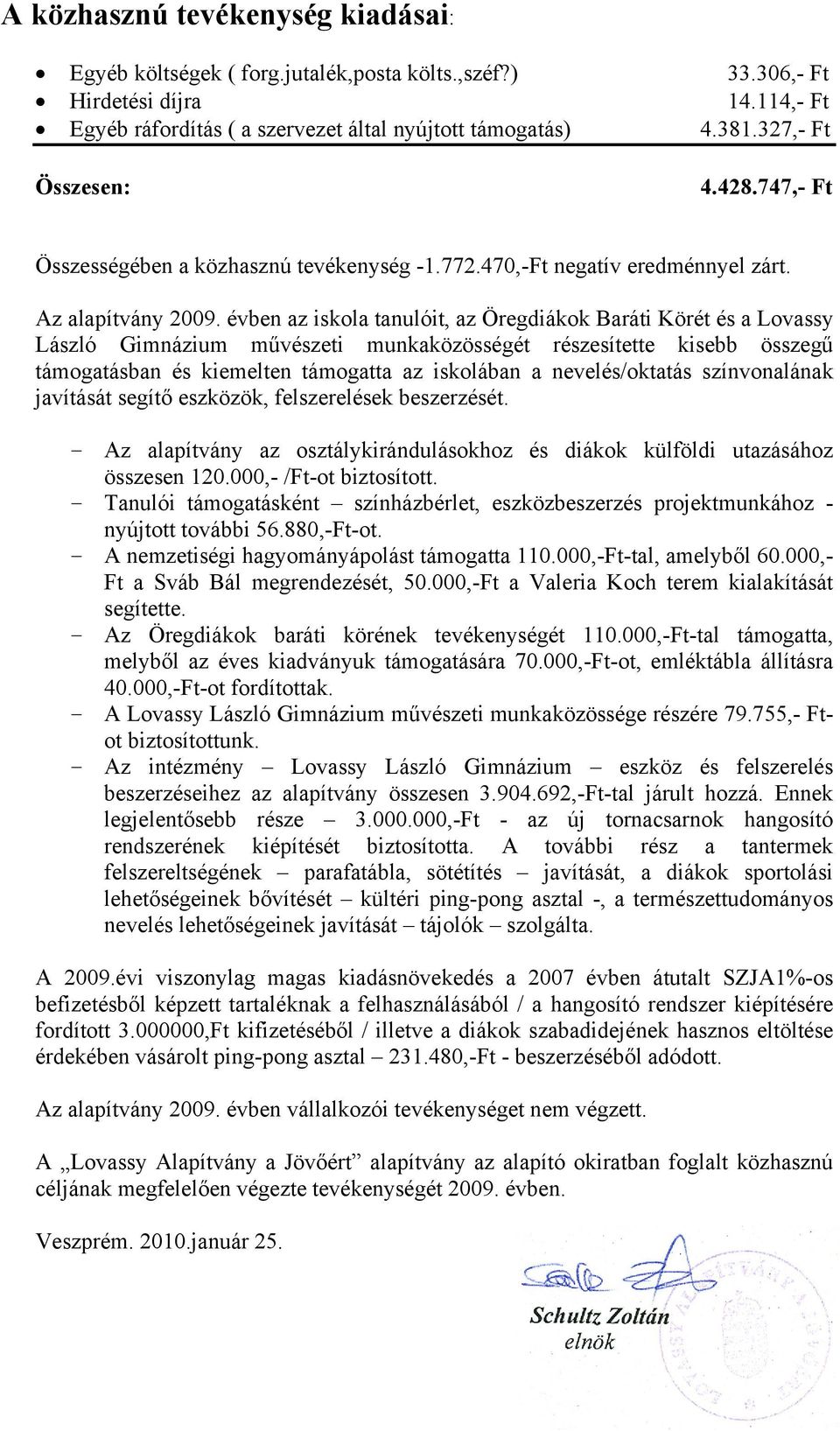 évben az iskola tanulóit, az Öregdiákok Baráti Körét és a Lovassy László Gimnázium művészeti munkaközösségét részesítette kisebb összegű támogatásban és kiemelten támogatta az iskolában a