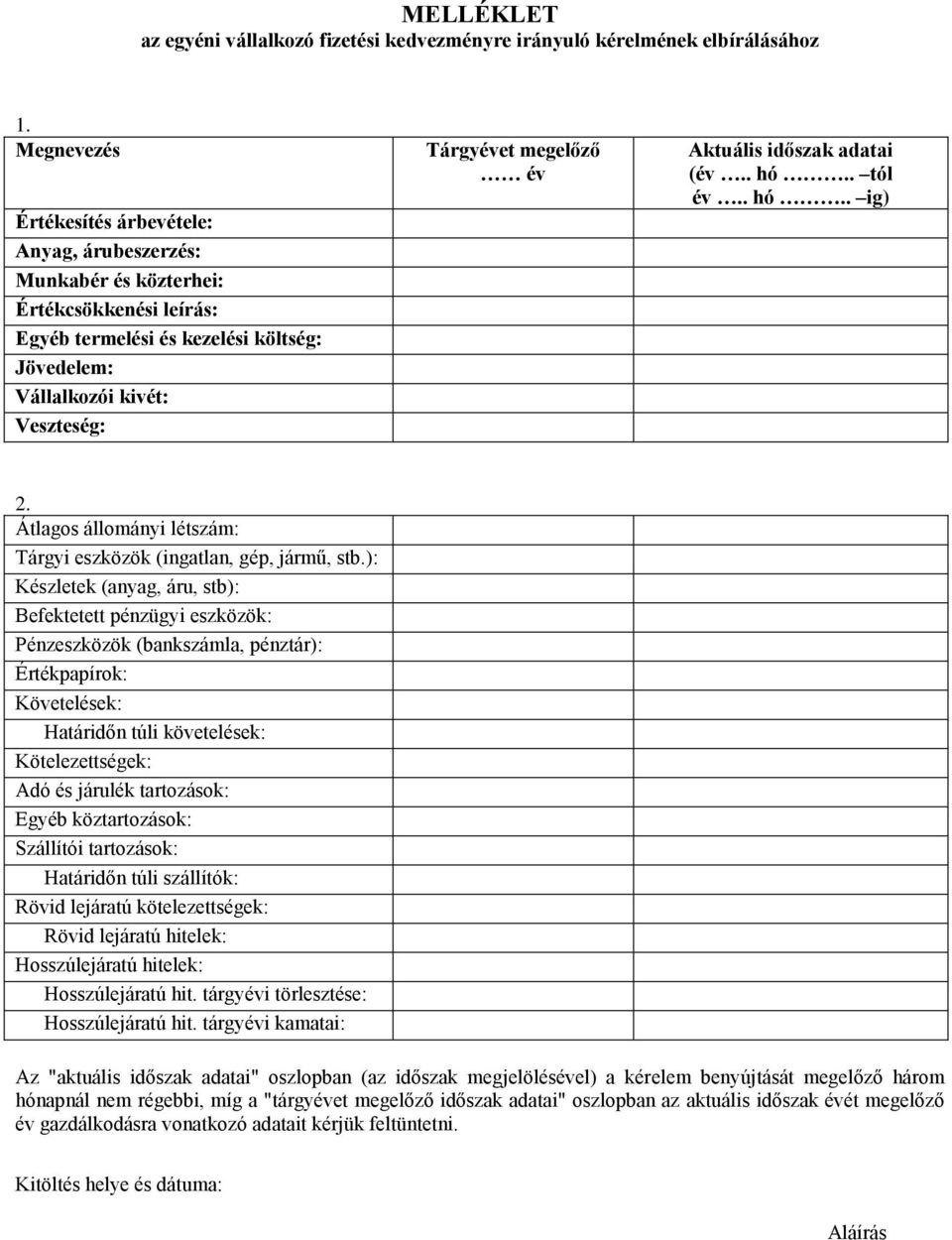 év Aktuális időszak adatai (év.. hó.. tól év.. hó.. ig) 2. Átlagos állományi létszám: Tárgyi eszközök (ingatlan, gép, jármű, stb.