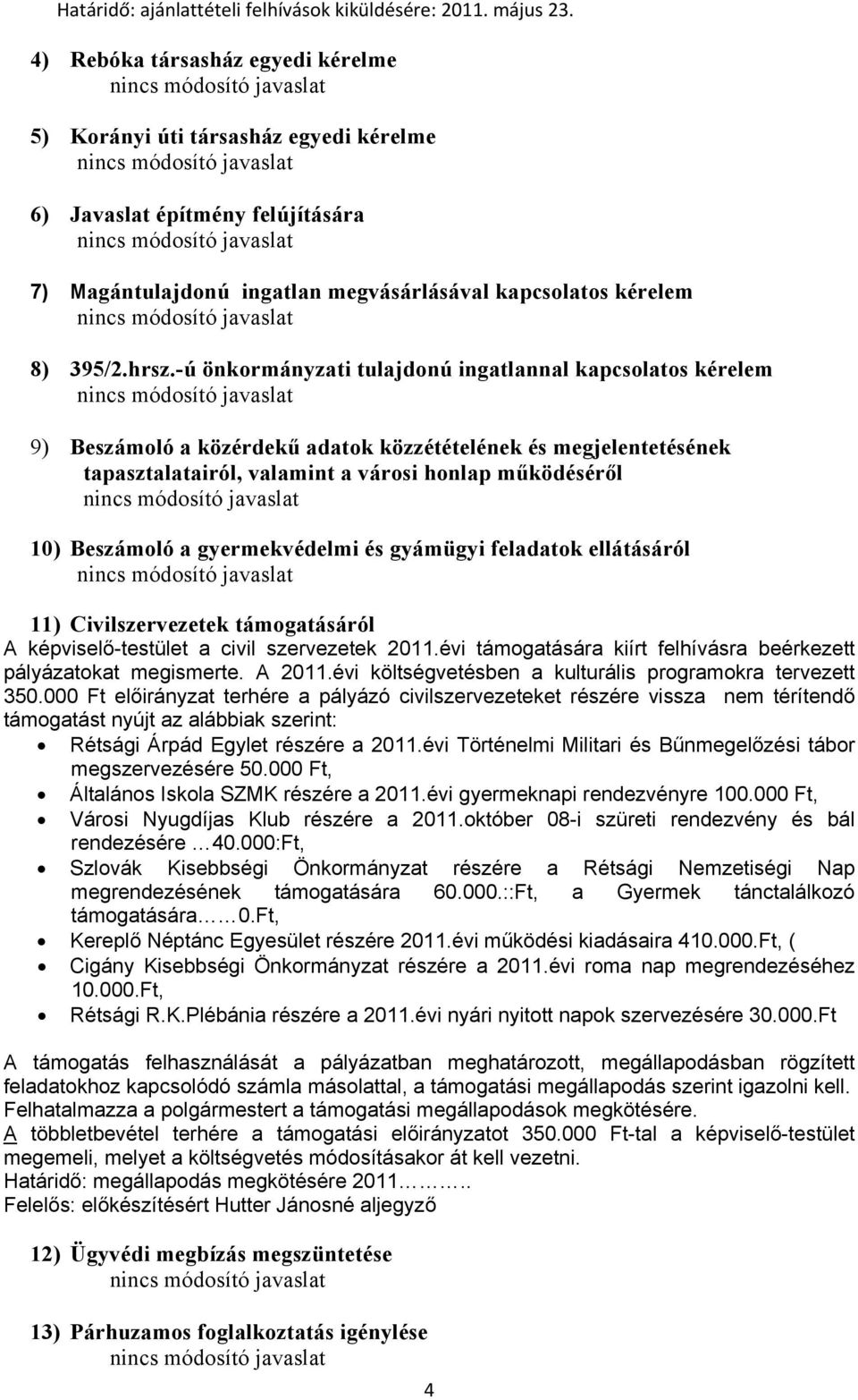 -ú önkormányzati tulajdonú ingatlannal kapcsolatos kérelem 9) Beszámoló a közérdekű adatok közzétételének és megjelentetésének tapasztalatairól, valamint a városi honlap működéséről 10) Beszámoló a